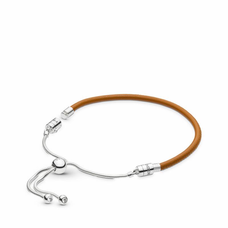 Pandora Sliding Golden Tan Leather Bracelet Silver Egypt SN7203481